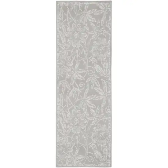 8' Gray and Ivory Floral Distressed Non Skid Runner Rug Photo 8