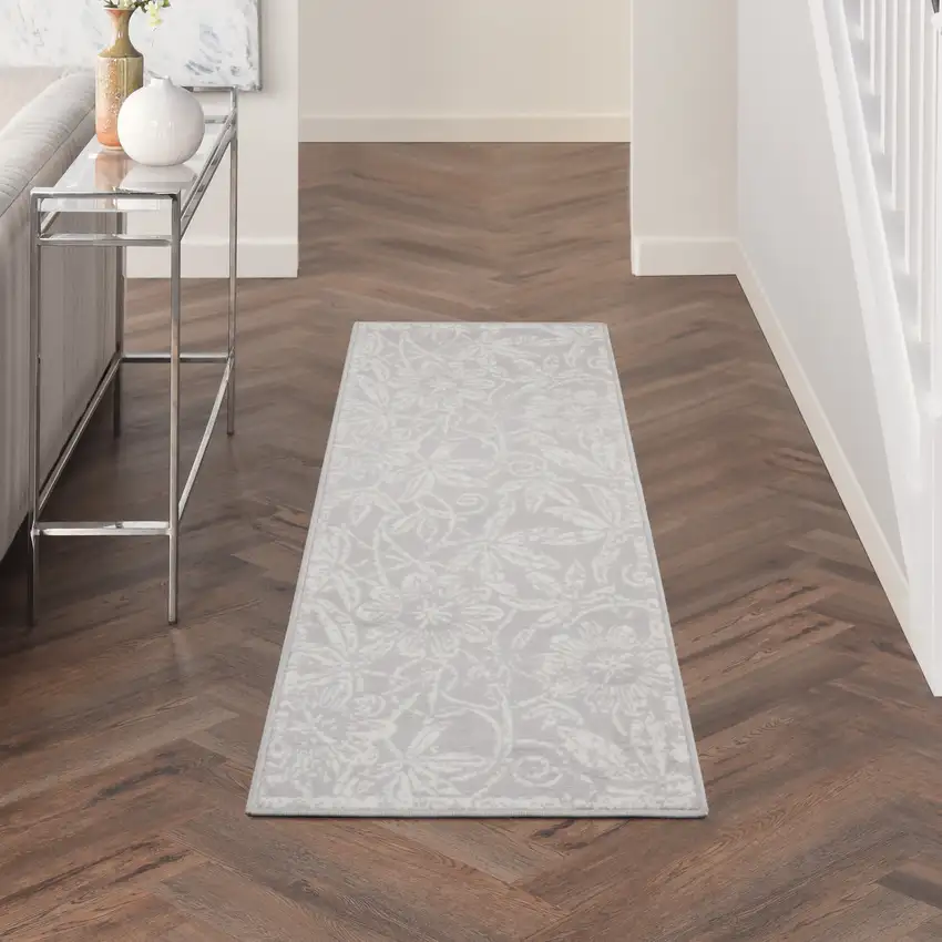 8' Gray and Ivory Floral Distressed Non Skid Runner Rug Photo 8