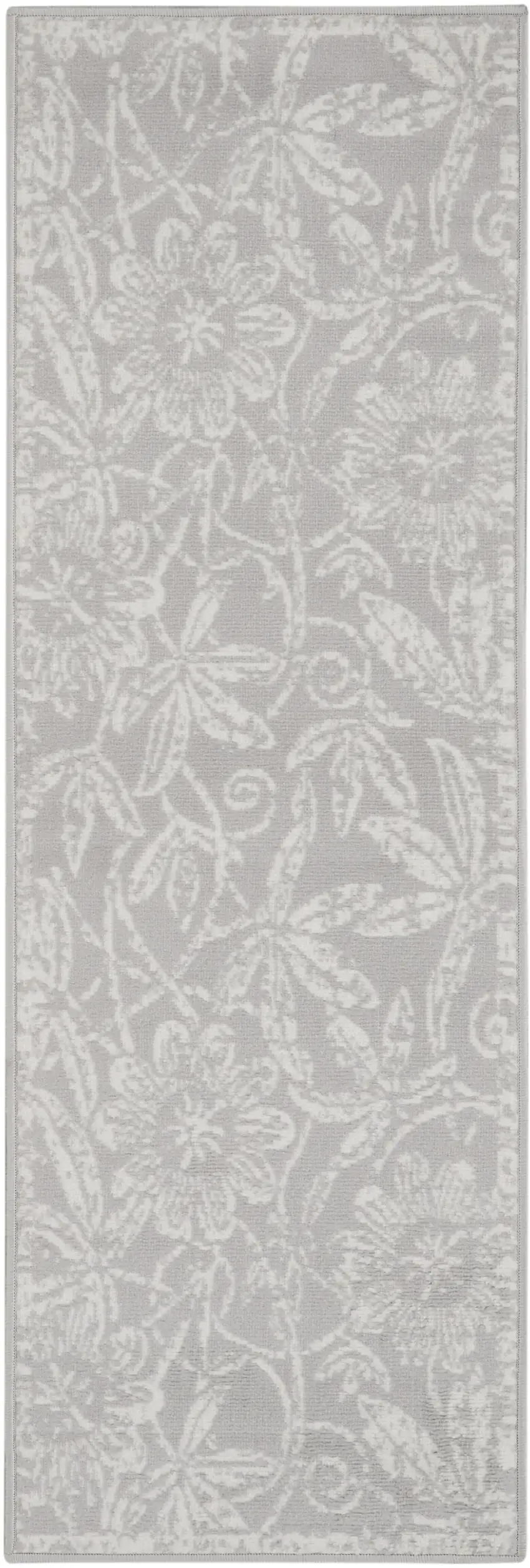 8' Gray and Ivory Floral Distressed Non Skid Runner Rug Photo 2
