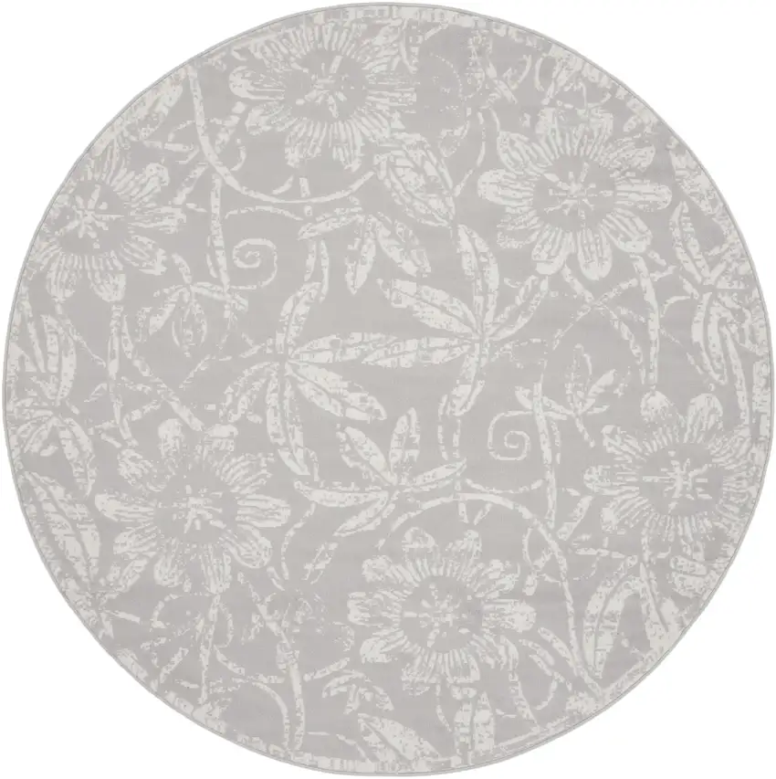 5' Gray and Ivory Floral Distressed Round Rug Photo 4