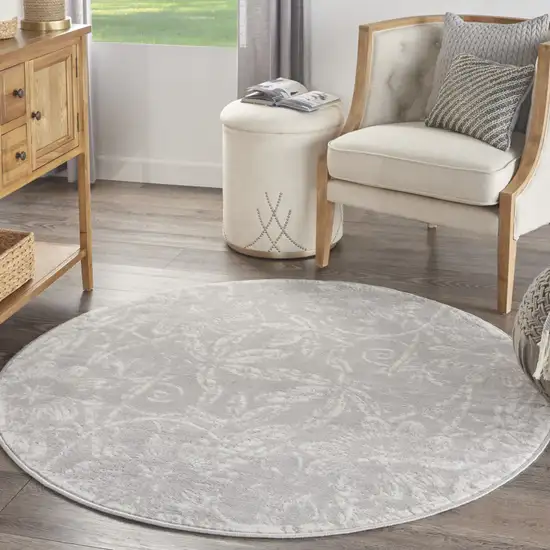 5' Gray and Ivory Floral Distressed Round Rug Photo 5