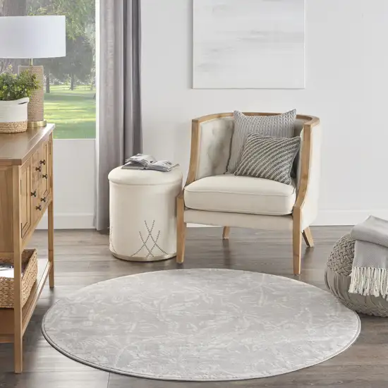 5' Gray and Ivory Floral Distressed Round Rug Photo 6