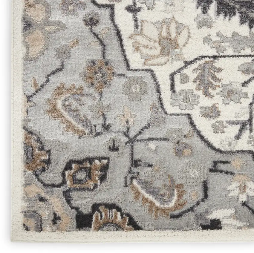 12' Gray and Ivory Floral Non Skid Runner Rug Photo 7