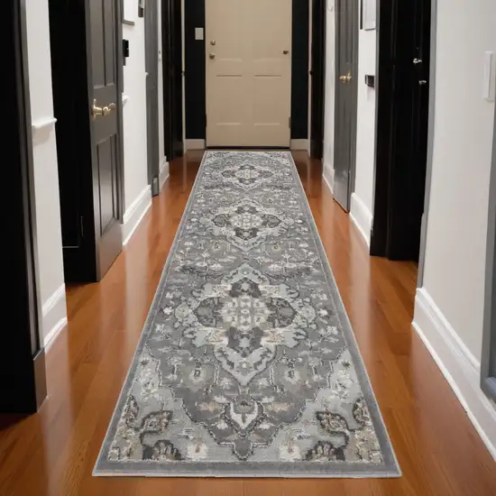 12' Gray and Ivory Floral Non Skid Runner Rug Photo 1