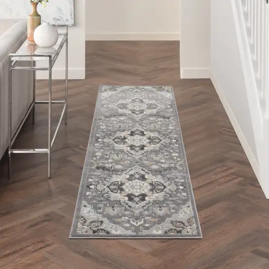 12' Gray and Ivory Floral Non Skid Runner Rug Photo 4