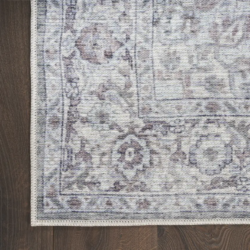 8' Gray and Ivory Floral Power Loom Distressed Washable Runner Rug Photo 6