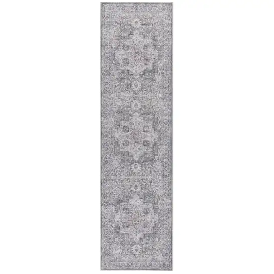 8' Gray and Ivory Floral Power Loom Distressed Washable Runner Rug Photo 2