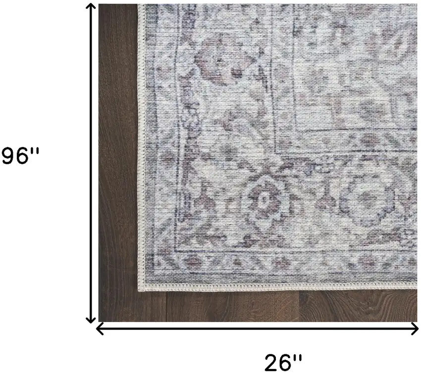 8' Gray and Ivory Floral Power Loom Distressed Washable Runner Rug Photo 7