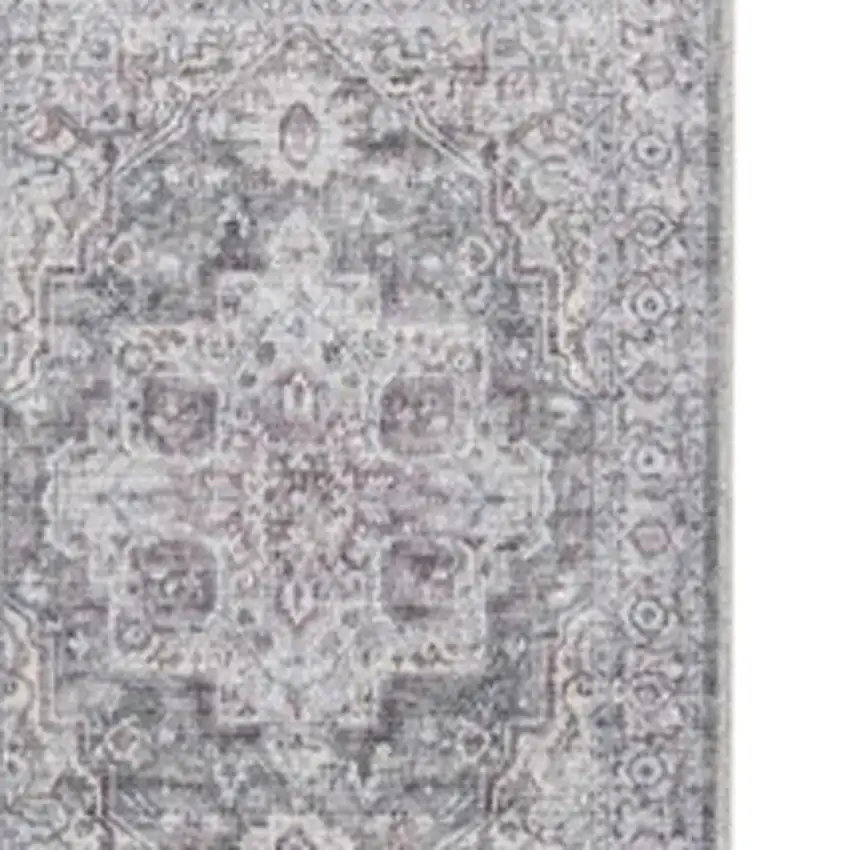 8' Gray and Ivory Floral Power Loom Distressed Washable Runner Rug Photo 3