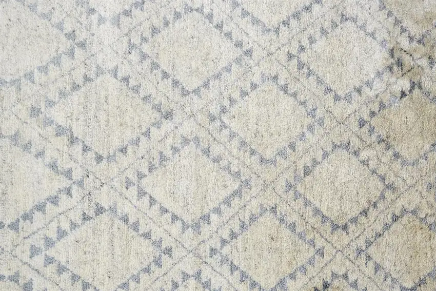 8' Gray and Ivory Geometric Hand Knotted Worn Faded Runner Rug Photo 9