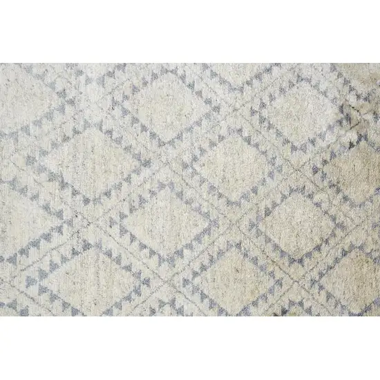 8' Gray and Ivory Geometric Hand Knotted Worn Faded Runner Rug Photo 9