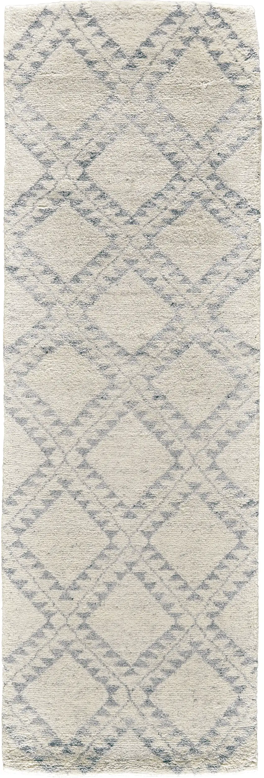 8' Gray and Ivory Geometric Hand Knotted Worn Faded Runner Rug Photo 2