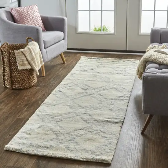 8' Gray and Ivory Geometric Hand Knotted Worn Faded Runner Rug Photo 6