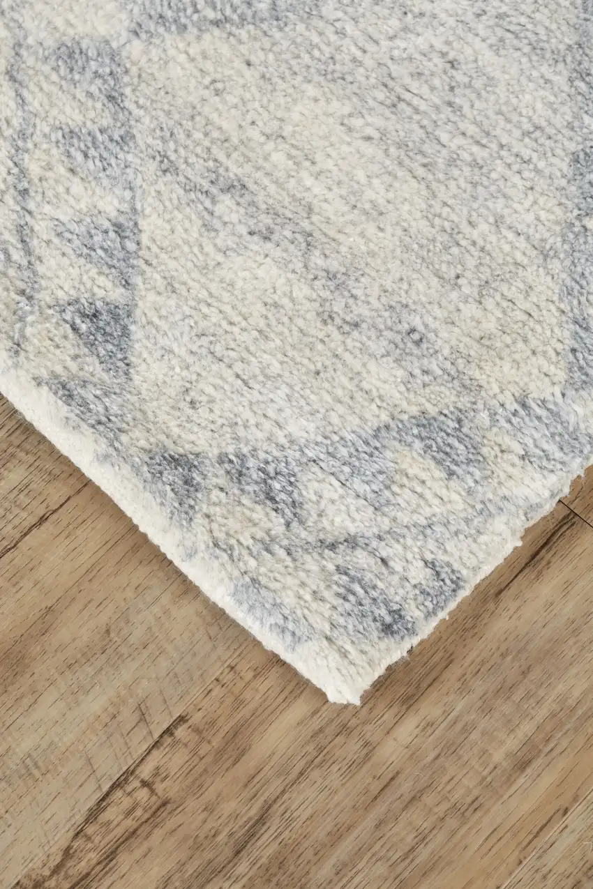 8' Gray and Ivory Geometric Hand Knotted Worn Faded Runner Rug Photo 4