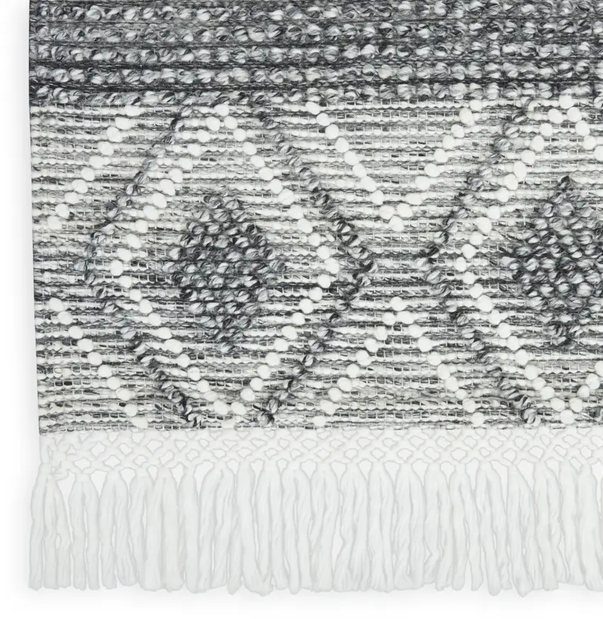 8' Gray and Ivory Geometric Hand Woven Runner Rug With Fringe Photo 6