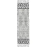 Photo of 8' Gray and Ivory Geometric Hand Woven Runner Rug With Fringe