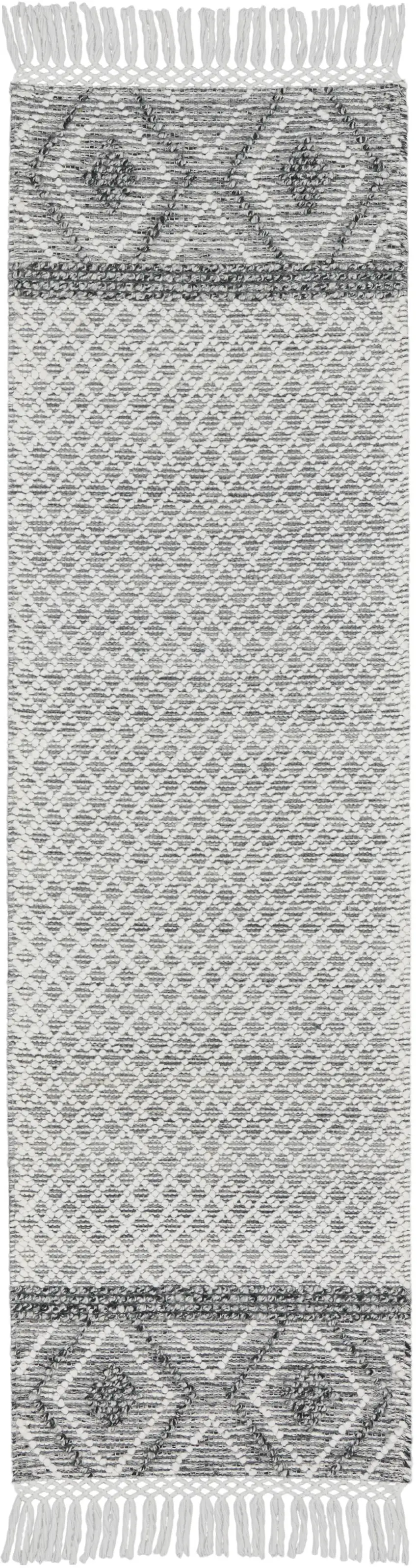 8' Gray and Ivory Geometric Hand Woven Runner Rug With Fringe Photo 1