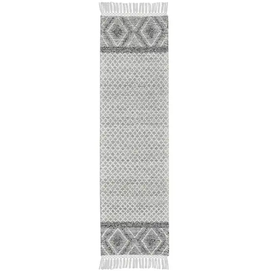 8' Gray and Ivory Geometric Hand Woven Runner Rug With Fringe Photo 2