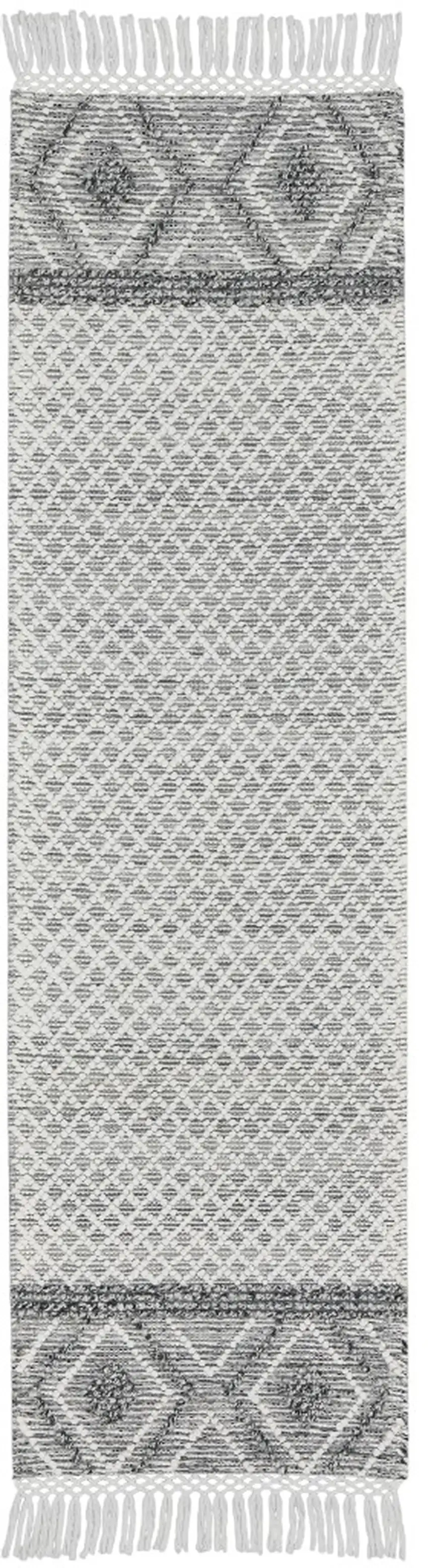 8' Gray and Ivory Geometric Hand Woven Runner Rug With Fringe Photo 2