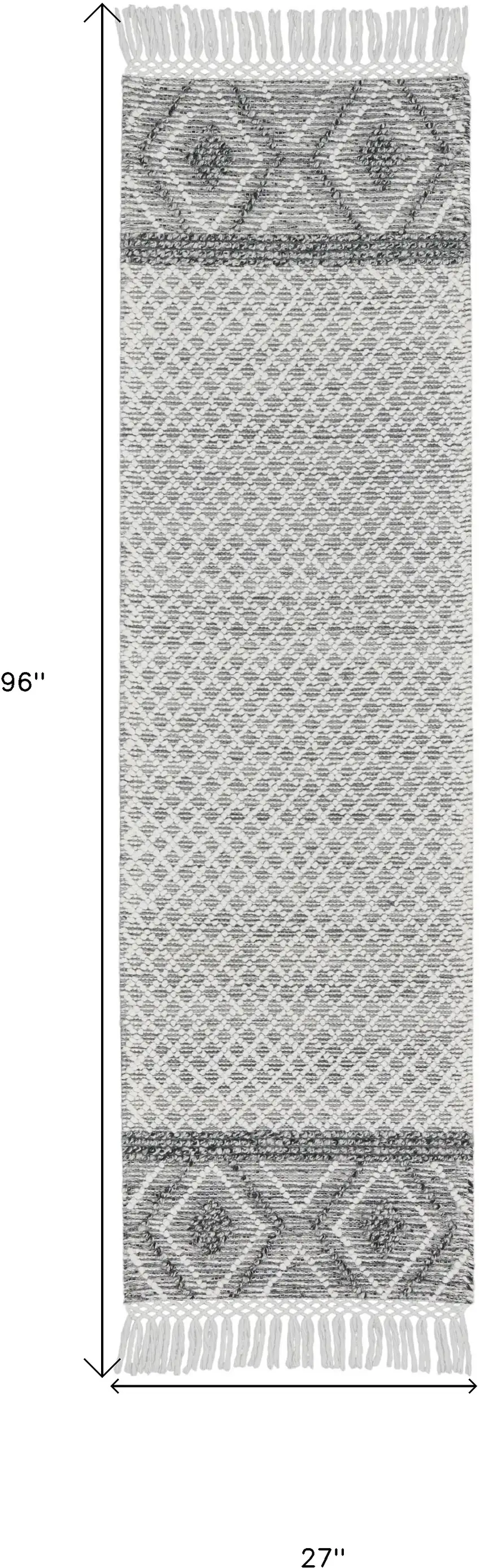 8' Gray and Ivory Geometric Hand Woven Runner Rug With Fringe Photo 8
