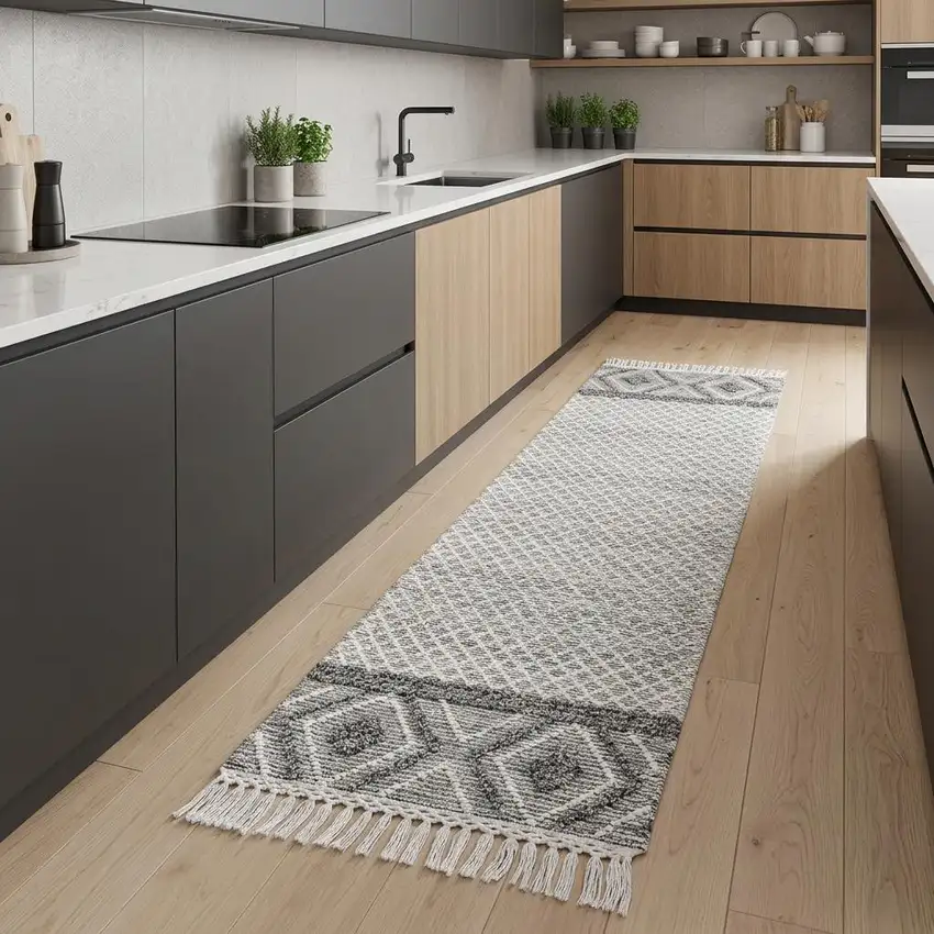 8' Gray and Ivory Geometric Hand Woven Runner Rug With Fringe Photo 1