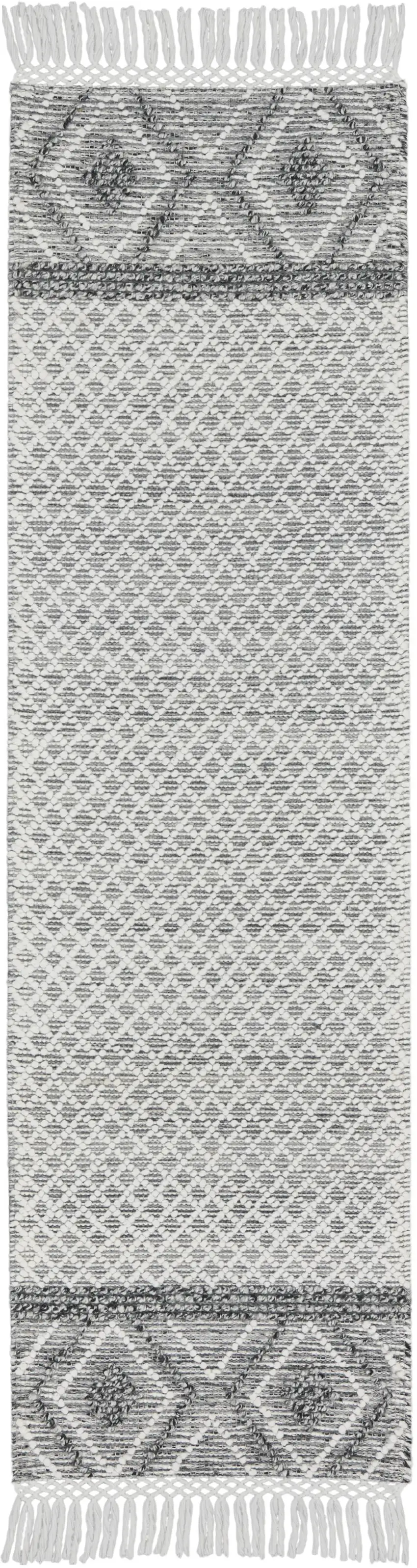 8' Gray and Ivory Geometric Hand Woven Runner Rug With Fringe Photo 1