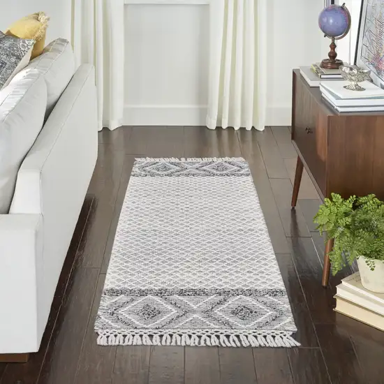 8' Gray and Ivory Geometric Hand Woven Runner Rug With Fringe Photo 3