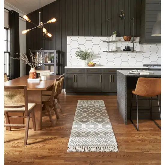 8' Gray and Ivory Geometric Hand Woven Runner Rug With Fringe Photo 7