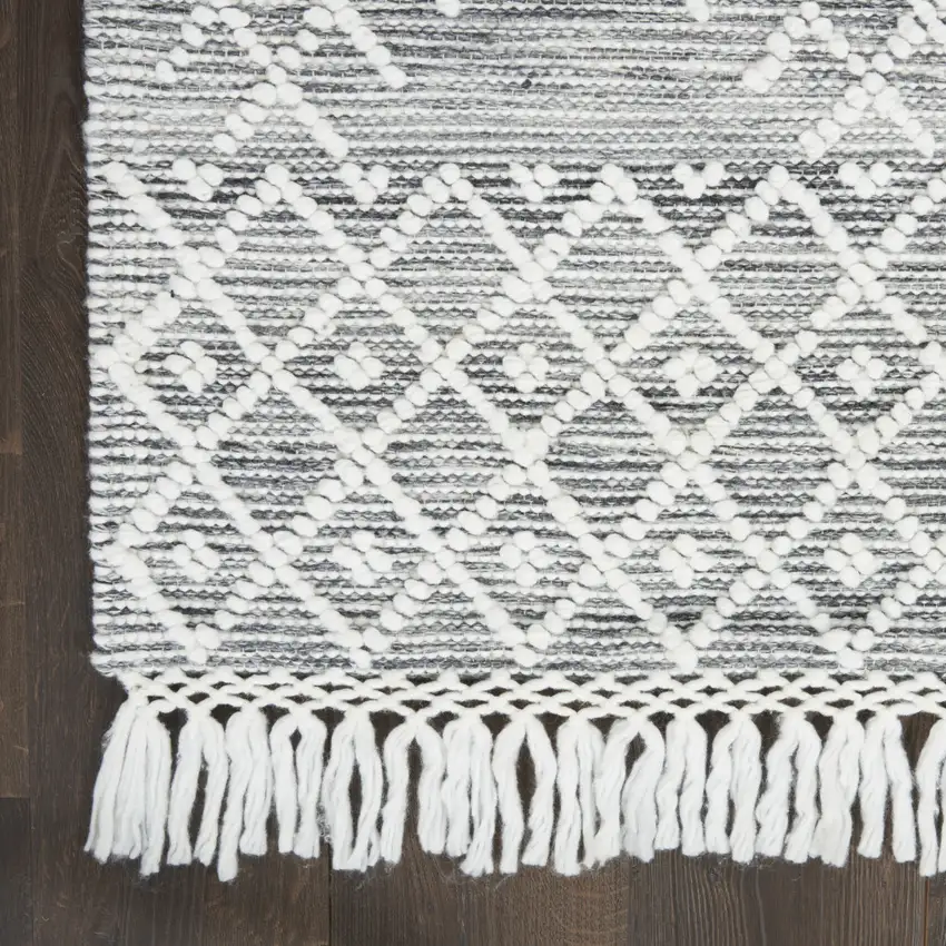 8' Gray and Ivory Geometric Hand Woven Runner Rug With Fringe Photo 8