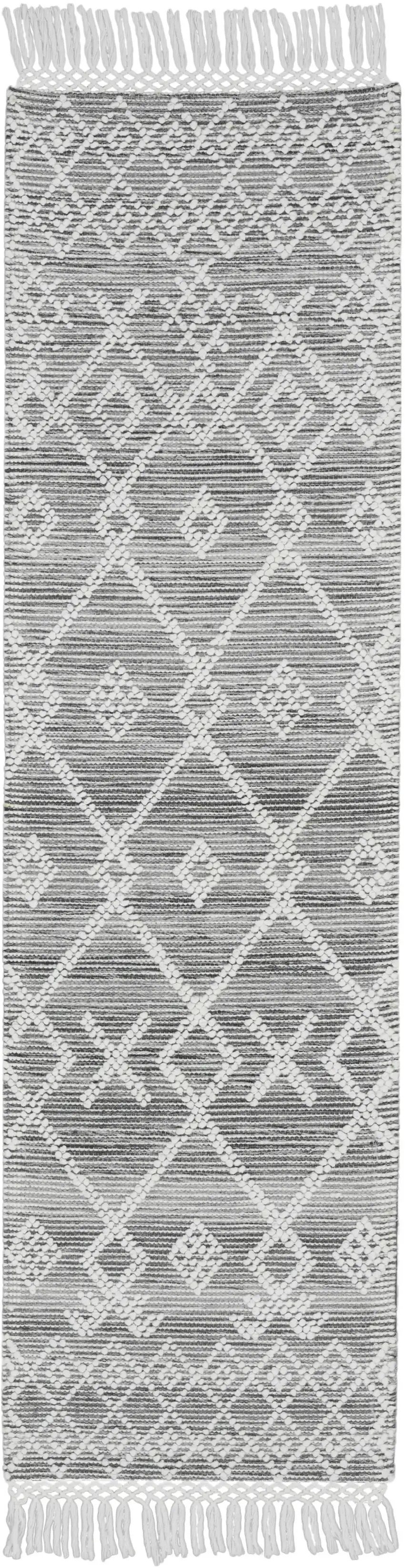 8' Gray and Ivory Geometric Hand Woven Runner Rug With Fringe Photo 4