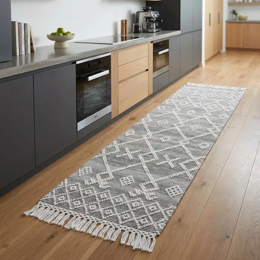 8' Gray and Ivory Geometric Hand Woven Runner Rug With Fringe Photo 1