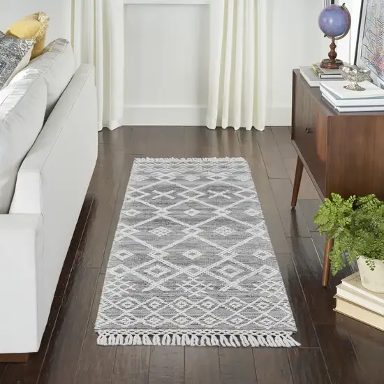 8' Gray and Ivory Geometric Hand Woven Runner Rug With Fringe Photo 5