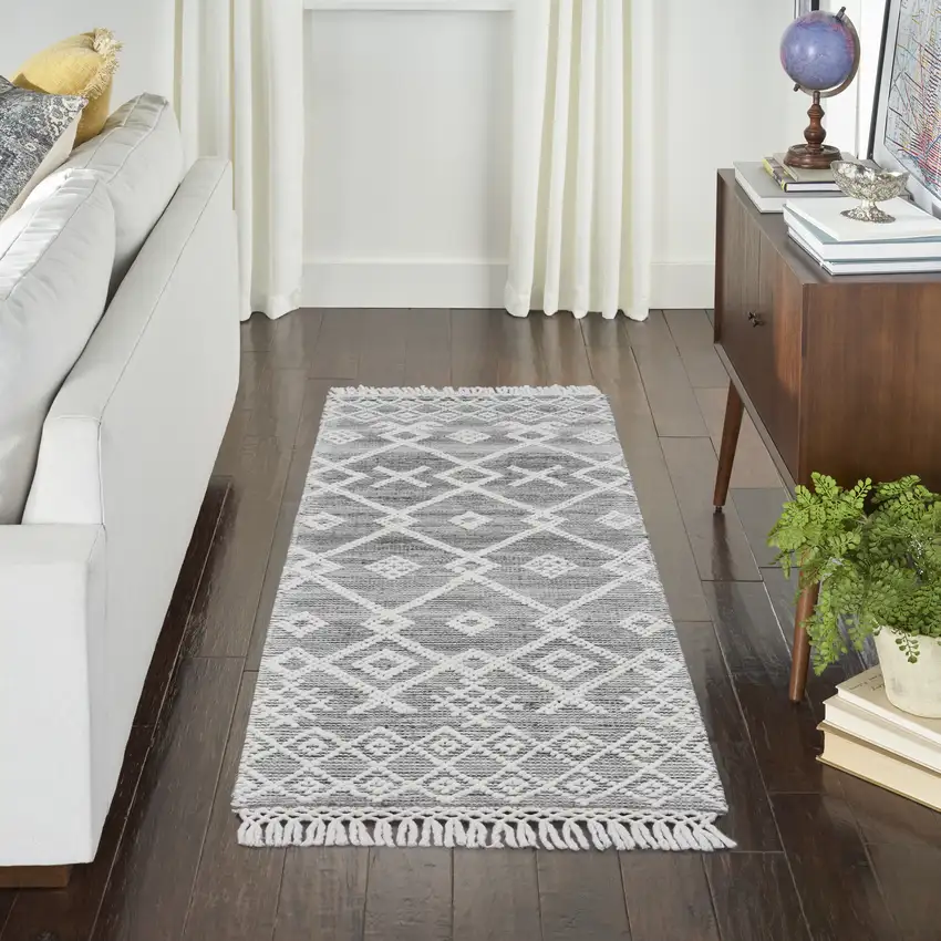 8' Gray and Ivory Geometric Hand Woven Runner Rug With Fringe Photo 5