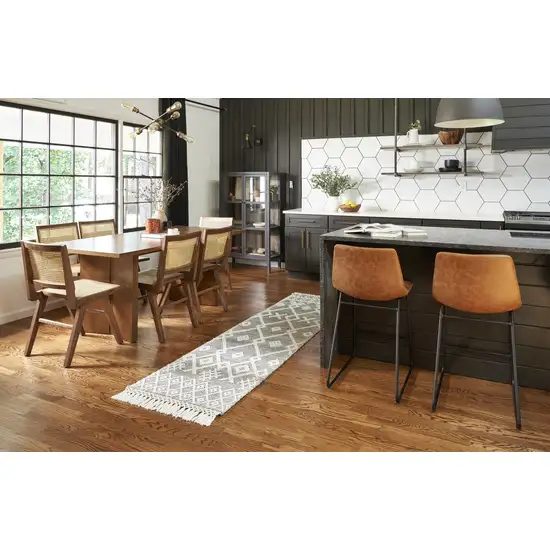 8' Gray and Ivory Geometric Hand Woven Runner Rug With Fringe Photo 6