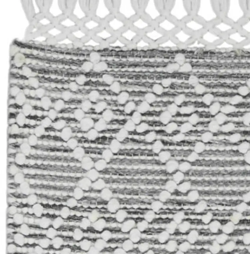 8' Gray and Ivory Geometric Hand Woven Runner Rug With Fringe Photo 3