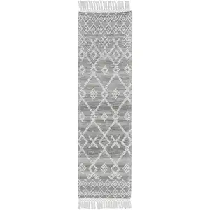 Photo of 8' Gray and Ivory Geometric Hand Woven Runner Rug With Fringe