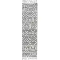 Photo of 8' Gray and Ivory Geometric Hand Woven Runner Rug With Fringe