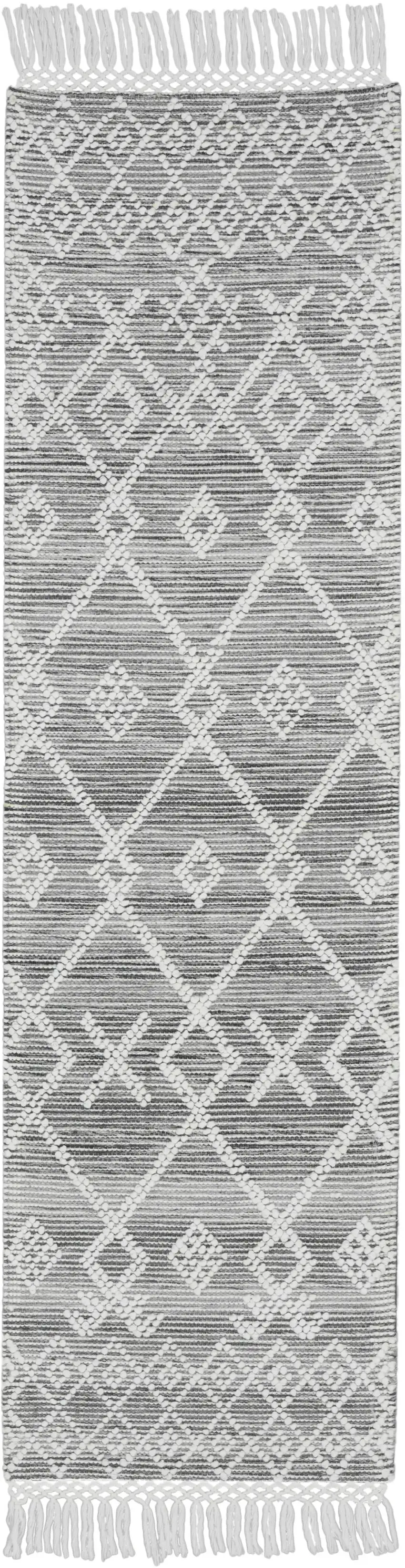8' Gray and Ivory Geometric Hand Woven Runner Rug With Fringe Photo 1