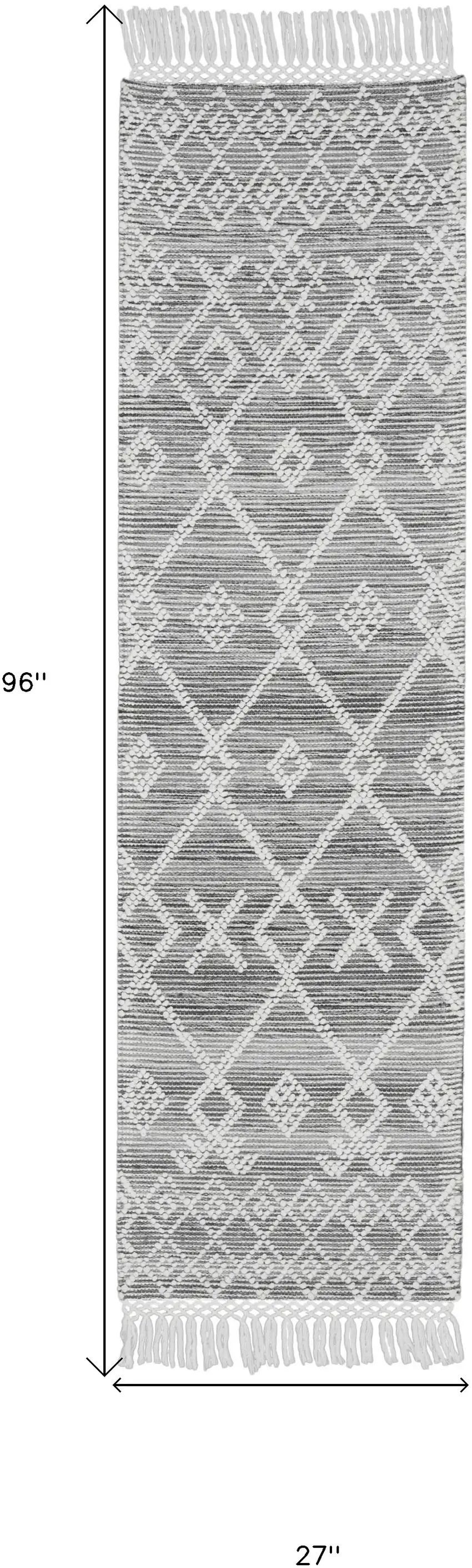 8' Gray and Ivory Geometric Hand Woven Runner Rug With Fringe Photo 9