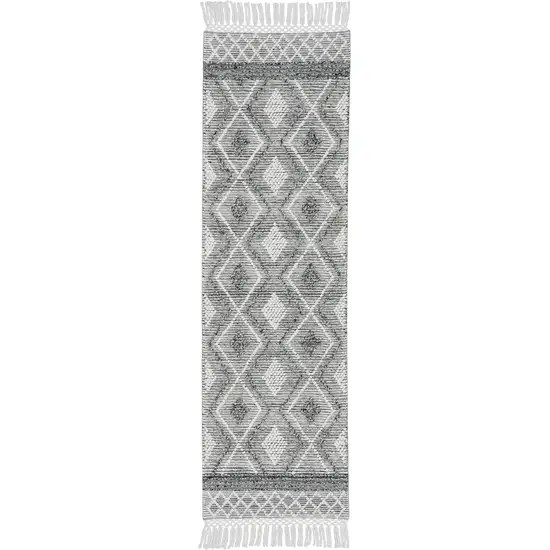 8' Gray and Ivory Geometric Hand Woven Runner Rug With Fringe Photo 4
