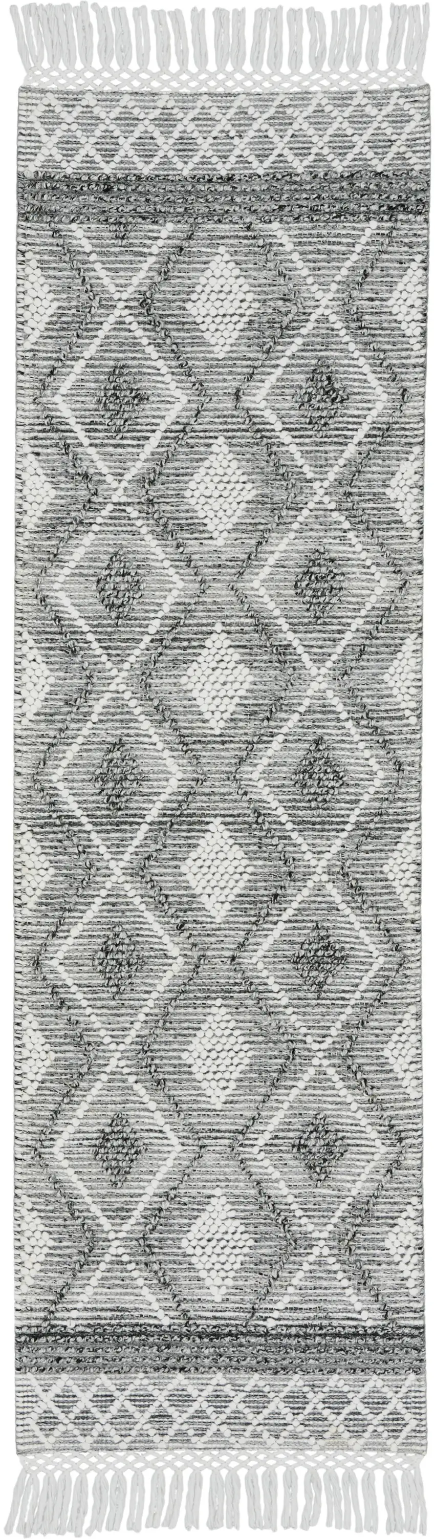 8' Gray and Ivory Geometric Hand Woven Runner Rug With Fringe Photo 4