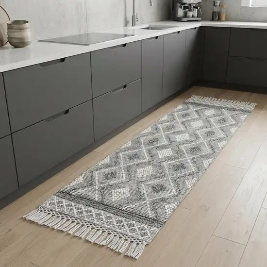 8' Gray and Ivory Geometric Hand Woven Runner Rug With Fringe Photo 1