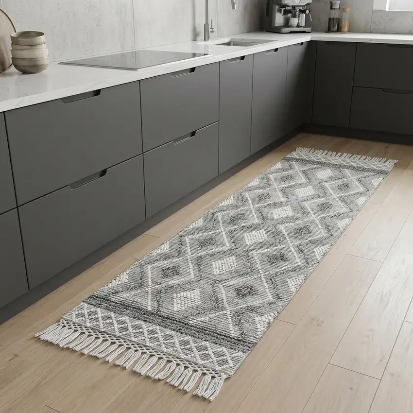 8' Gray and Ivory Geometric Hand Woven Runner Rug With Fringe Photo 1