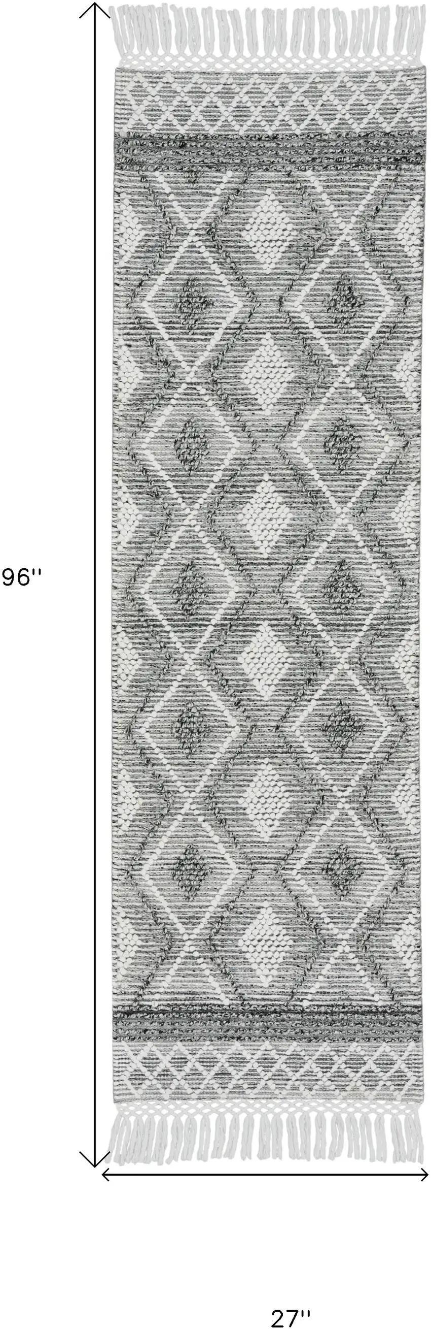 8' Gray and Ivory Geometric Hand Woven Runner Rug With Fringe Photo 7