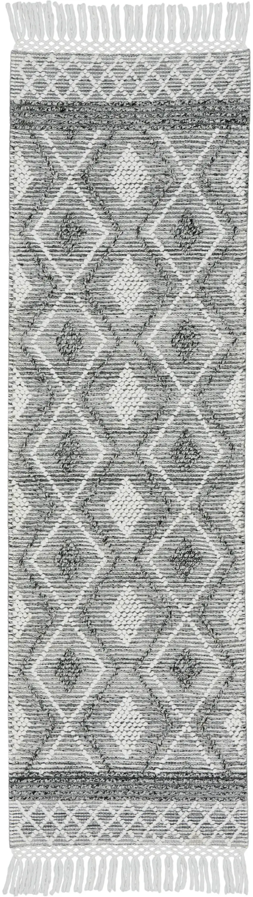 8' Gray and Ivory Geometric Hand Woven Runner Rug With Fringe Photo 1