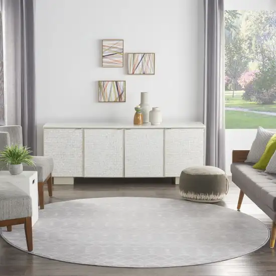 8' Gray and Ivory Geometric Round Rug Photo 5