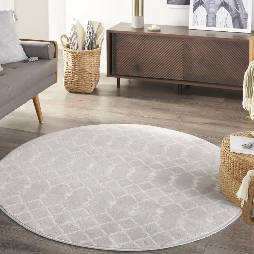 5' Gray and Ivory Geometric Round Rug Photo 4