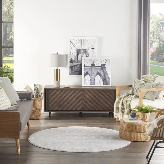 5' Gray and Ivory Geometric Round Rug Photo 5