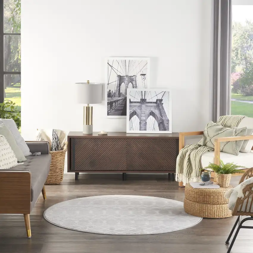 5' Gray and Ivory Geometric Round Rug Photo 5