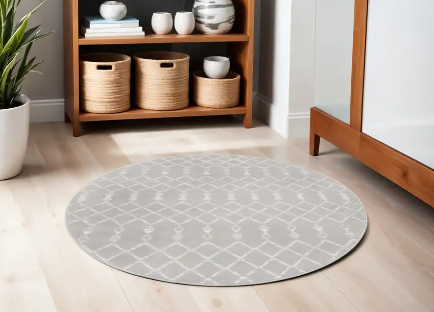 5' Gray and Ivory Geometric Round Rug Photo 1